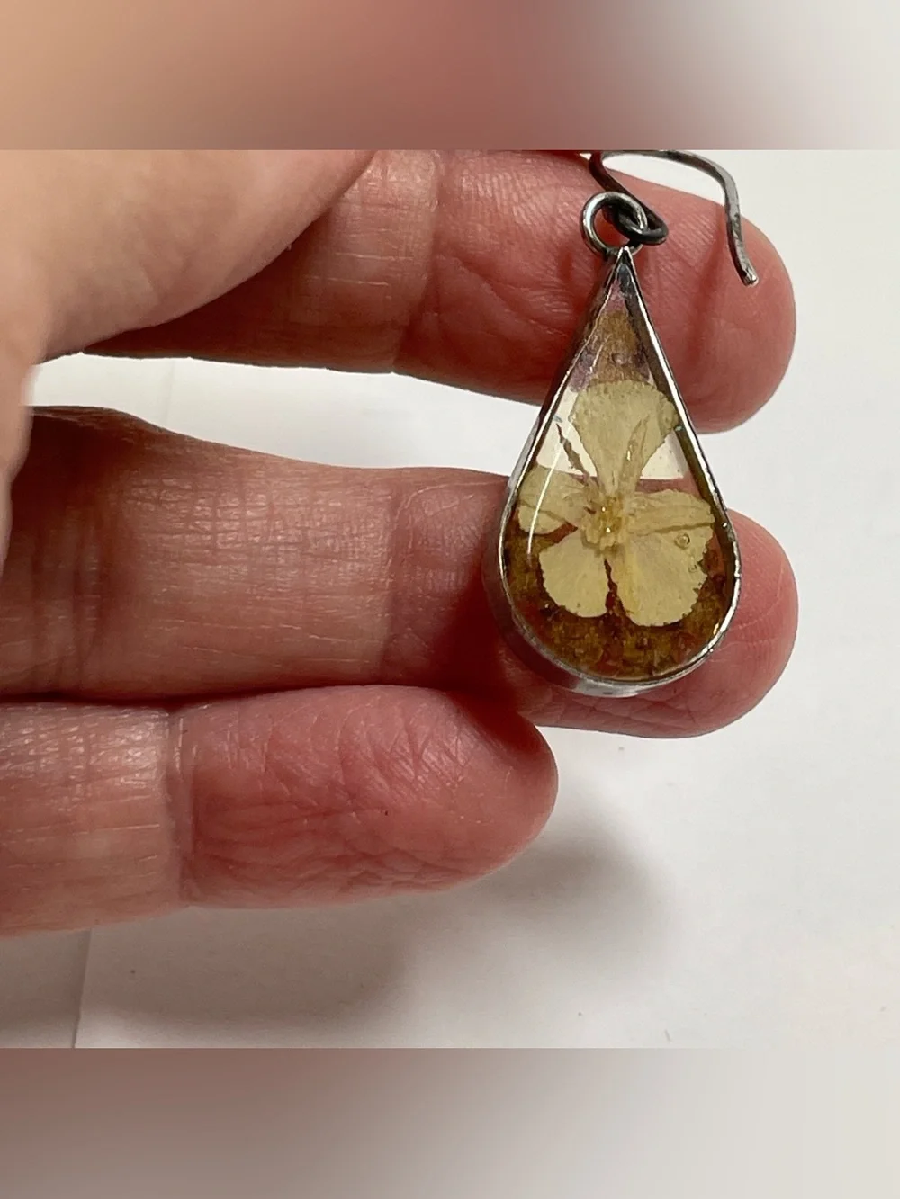 Vintage Sterling Silver 925 Earrings Dried Flowers In Resin Dangle Ati Mexico 5g